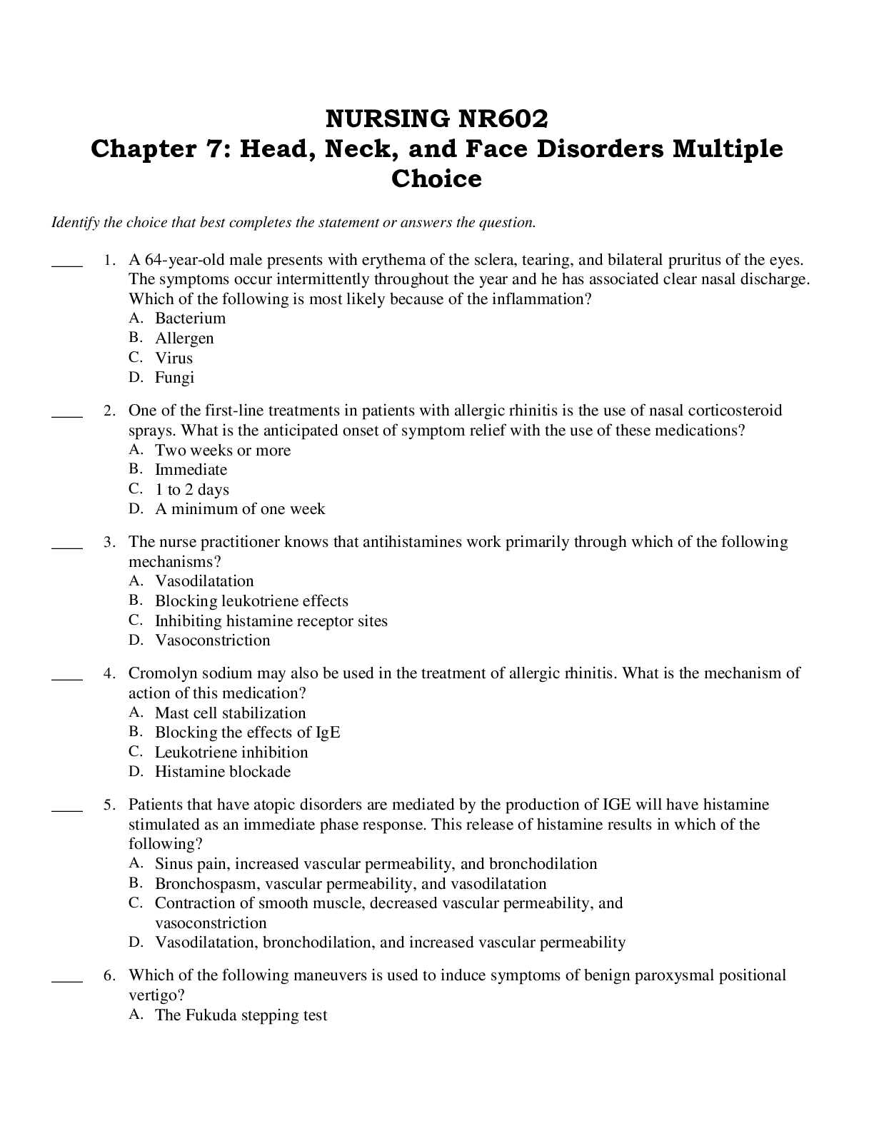 Preview image of NURSING NR602 Chapter 7: Head, Neck, and Face Disorders Multiple Choice document